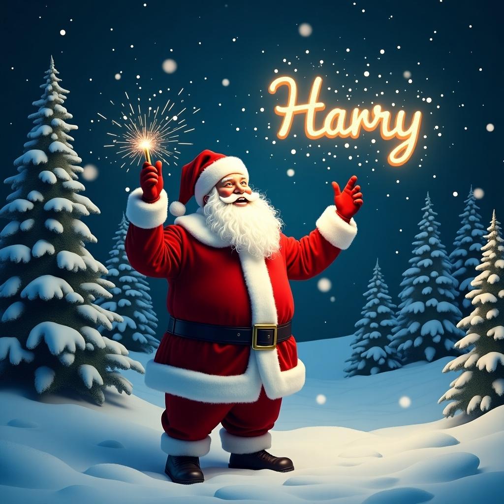 A jolly Santa Claus in a snowy landscape holding a magical wand shining with sparkles. He wears a classic red suit with white fur trim and a hat. Santa's eyes twinkle as he writes names in the sky. Behind him, snowy evergreen trees and a starry night sky create a festive atmosphere. The name Harry glows in the sky.