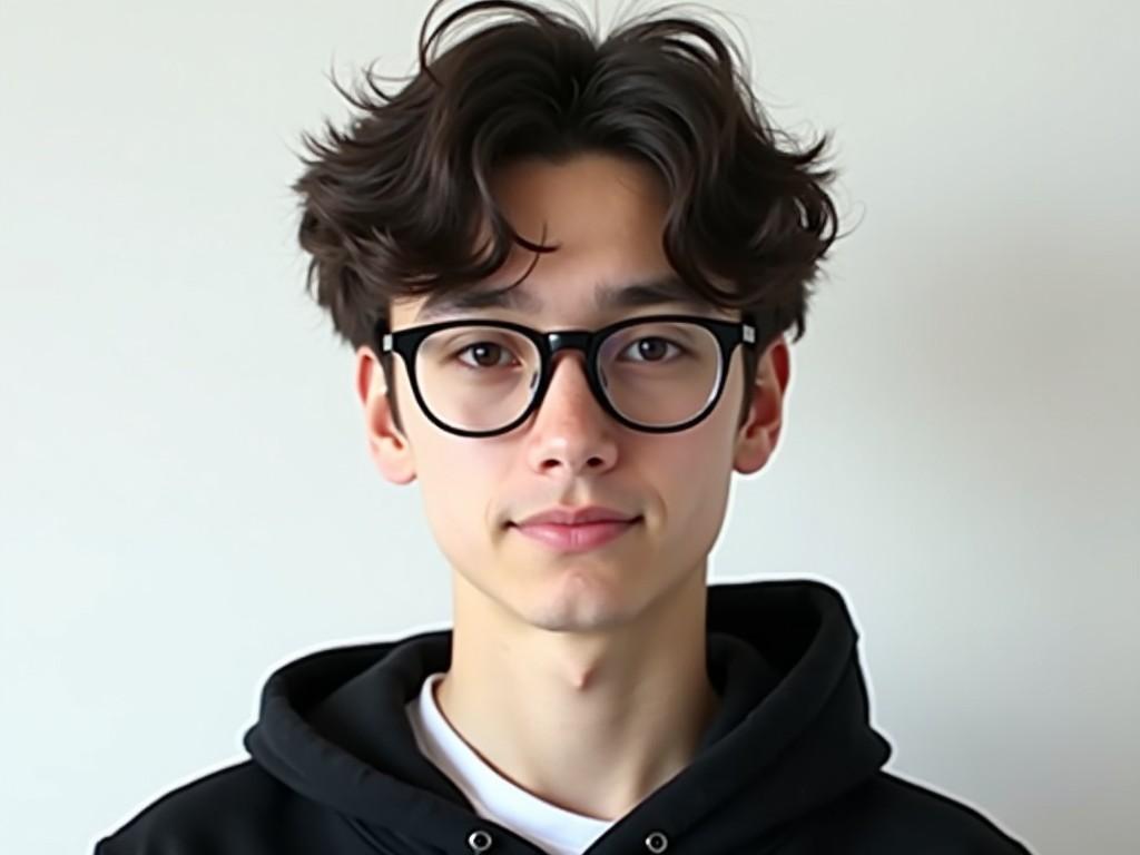 The image features a 17-year-old student wearing glasses, showcasing a minimalistic style. The subject has medium-length, casually styled hair. The color scheme consists of black, white, and grey tones, creating a clean aesthetic. The student has a neutral expression, indicating calm confidence. There's a soft background that helps the subject stand out. Overall, the image conveys a contemporary, youthful vibe suitable for educational or lifestyle contexts.