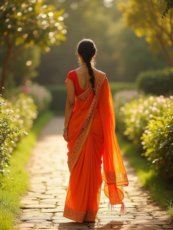 A woman walks in a traditional orange saree through a sunlit garden with blooming flowers.