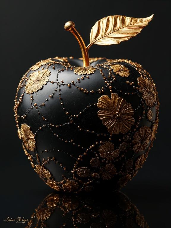 A decorative apple. The apple is black with golden designs. The leaf on the apple is also golden. The design has intricate detail. The apple appears elegant.