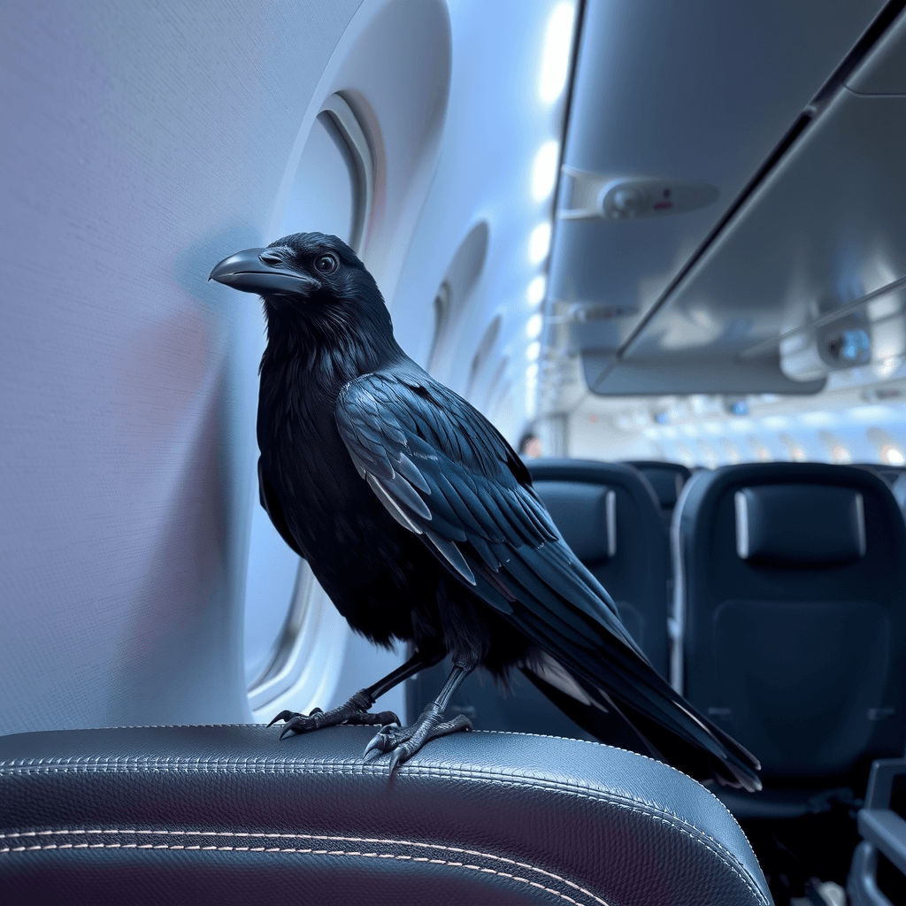 A crow is perched on a plane seat cushion, looking out of the window at the sky.