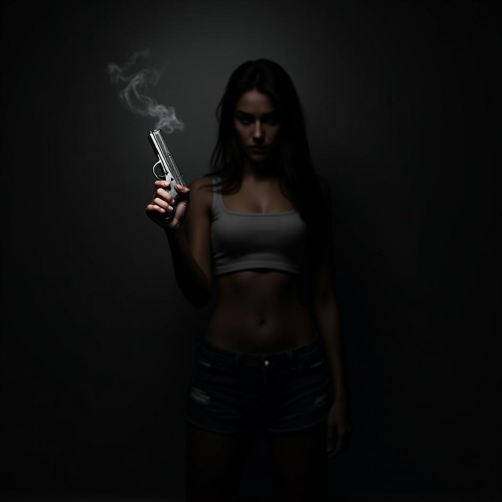 This image features a realistic portrayal of a female figure holding a smoking gun. She is positioned in a dark setting, with most of her body obscured by shadows. The focus is on her hand gripping the gun, which emits a thin trail of smoke. The lighting is dramatic, enhancing the sense of mystery and tension. The minimalistic background emphasizes the intensity of the scene. The overall atmosphere evokes themes of danger and empowerment.