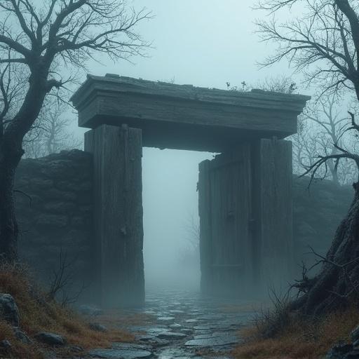 Fantasy digital painting depicting an ancient wooden gate of a deserted village shrouded in mist. Gnarled trees frame the scene. Soft dramatic lighting illuminates the gate. The atmosphere evokes silence and isolation with a painterly style.