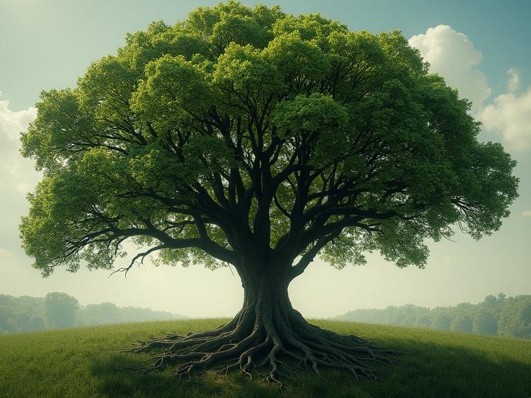 Large green tree with extensive roots situated in an open grassy field. The tree has a broad canopy and is surrounded by distant trees in a tranquil setting. Clear blue sky and soft clouds in the background.