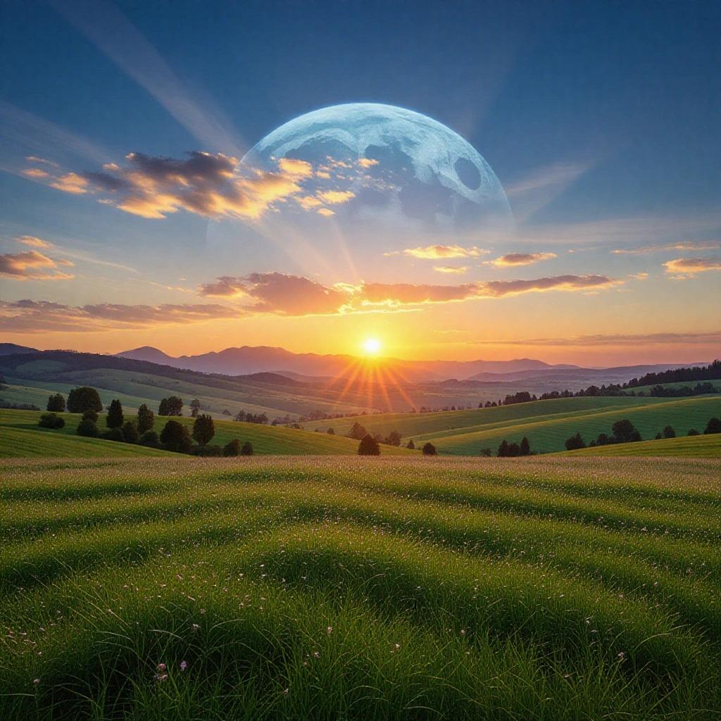 Dreamlike and surreal landscape featuring a glowing sky with vibrant colors. Large moon visible in the background. Lush green fields stretch across the foreground. Sun rises over distant mountains.