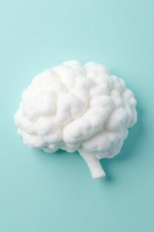 Fluffy white cloud resembles human brain. Solid color background in light blue.