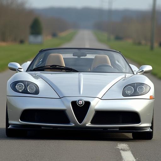 2002 Stratos Tempest sports car in silver color. The car has a sleek and modern front design with distinctive LED DRLs. The hardtop is retracted. The setting is a clear road with blurred scenery in the background. The image captures the car's aggressive stance and dynamic profile.