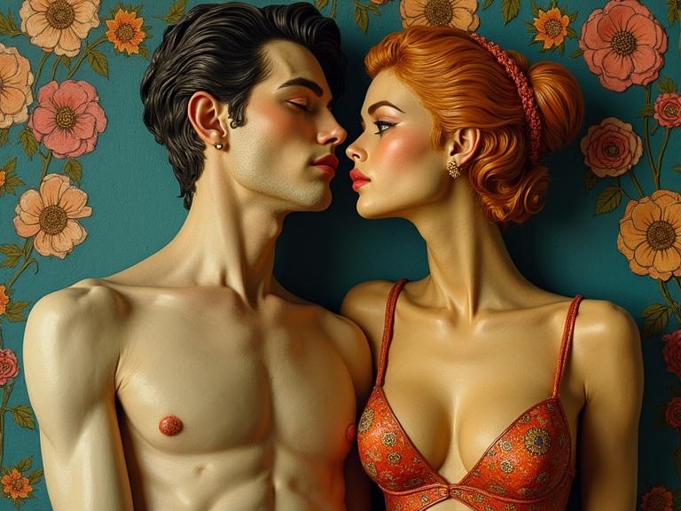 Klimt inspired statue of a couple in an intimate embrace. The woman wears a colorful bra; the man is without a shirt. A floral patterned background complements the figures. Artistic details highlight romance and closeness.