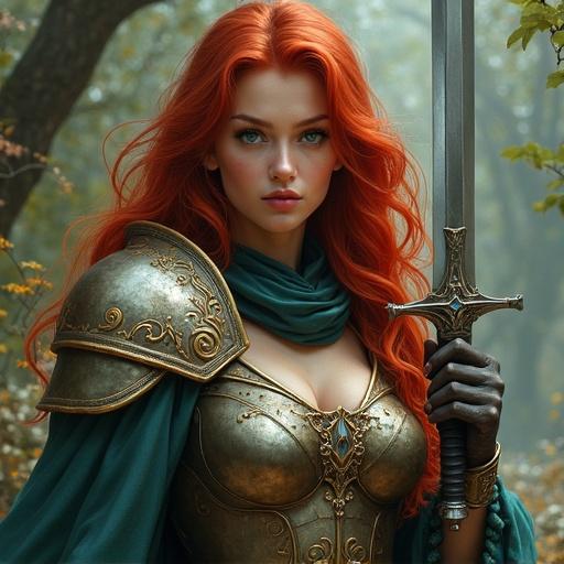 Fantasy scene with a young female paladin in armor. She has red hair and holds a sword. Background features nature. Strong and confident posture.