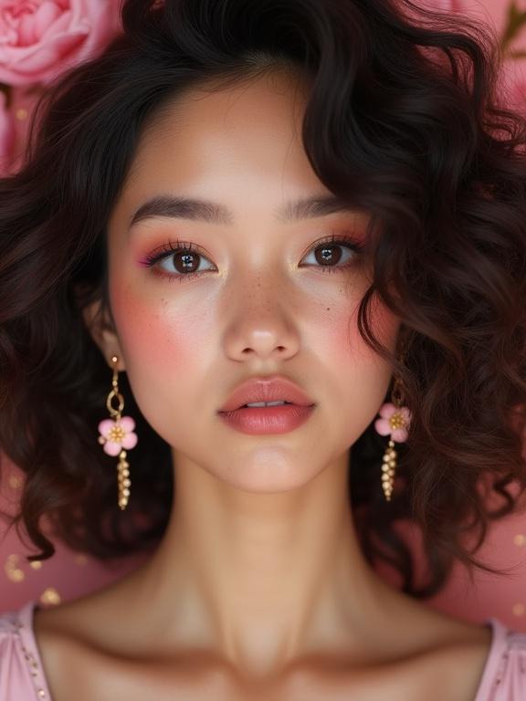 Close-up portrait of a young woman with dark curly hair. Pink-toned eye makeup enhances her natural beauty. Freckles add charm to her cheeks. Slightly parted lips suit her pastel outfit. Gold floral earrings shine bright. Background filled with pink flowers and golden speckles.