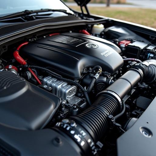 Close-up view of a car engine. Focus on engine block and components with natural lighting. Showcase mechanical parts.
