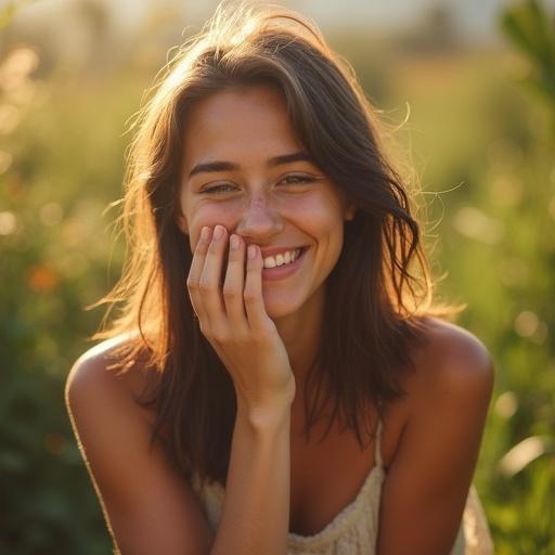 Portrait of a young woman laughing candidly. Straight dark brown hair. Brown eyes. No makeup. Crows-feet wrinkles. Wearing a light summer dress. Petite body. Hand covering mouth in laughter. Body bending slightly. Eye-level shot with diagonal viewpoint. Shallow depth of field and dramatic golden-hour lighting.