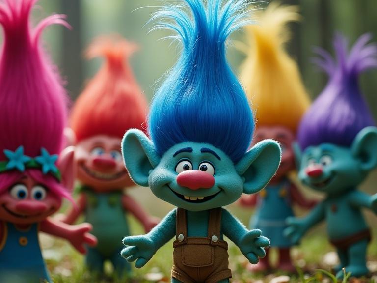 A group of colorful trolls in a bright forest. Central troll has blue hair and is smiling. Other trolls are in the background with vibrant hairstyles. Setting is cheerful and lively with lush greenery.