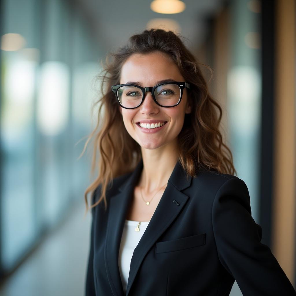 Business woman in smart glasses wearing formal attire. She stands confidently in a modern indoor setting.