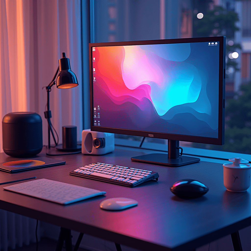 The image showcases a modern and stylish desk setup with a computer monitor displaying a vibrant and abstract multicolored wallpaper in shades of blue, pink, and orange. The lighting of the room is set to match these colors, creating a warm, ambient glow. The desk also features a sleek keyboard and mouse, a lamp with a classic design, a cylindrical speaker, and a mobile device with a colorful screen nearby. Outside the window next to the desk, there appears to be an urban landscape with a few lights visible, indicating it might be evening or nighttime.