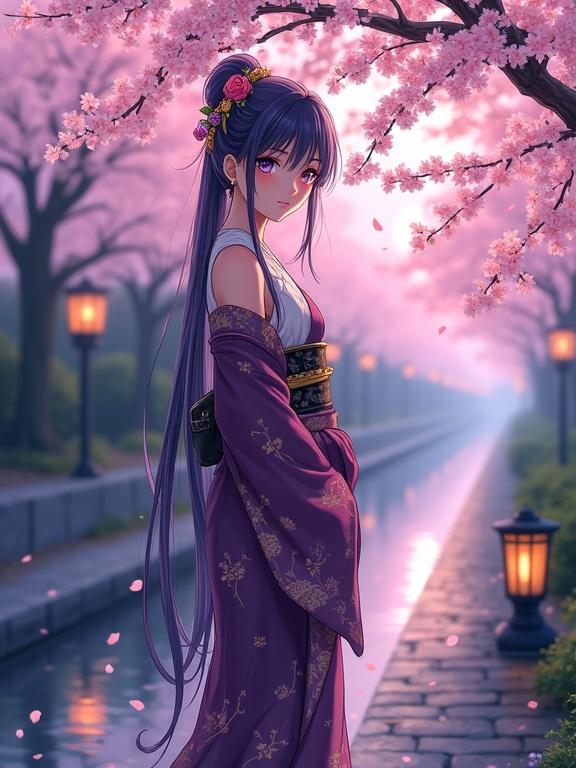 Detailed illustration of a woman standing under a cherry blossom tree. She wears an elegant kimono with floral designs. Long dark violet hair styled in an updo. Violet eyes reflect twilight. A serene stream flows beside a stone path. Lanterns gently light the scene. Background features cherry trees and soft evening light.