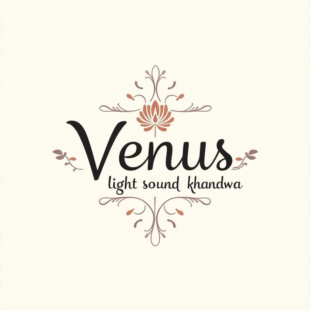 Logo design includes 'Venus light sound khandwa'. Floral elements adorn the logo. Typography is luxurious and elegant. Use soft colors for a sophisticated look.