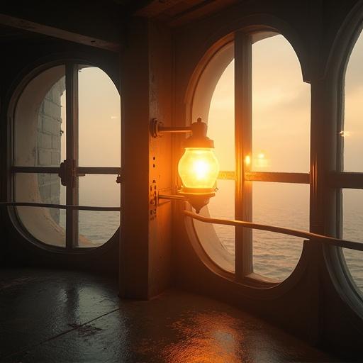 Inside the lighthouse lantern room at dawn. Viewer positioned beside glowing beacon lamp. Golden light rays cut through thick morning fog outside curved glass windows. Ocean barely visible in the mist. Metal rails and bolts catch warm highlights. Watercolor painting style. Soft atmospheric glow. Tranquil cinematic perspective.