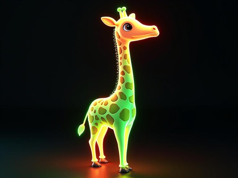 Neon green and neon orange colors create a high-contrast abstract piece. Giraffe stands against a dark background. A cute and colorful representation.