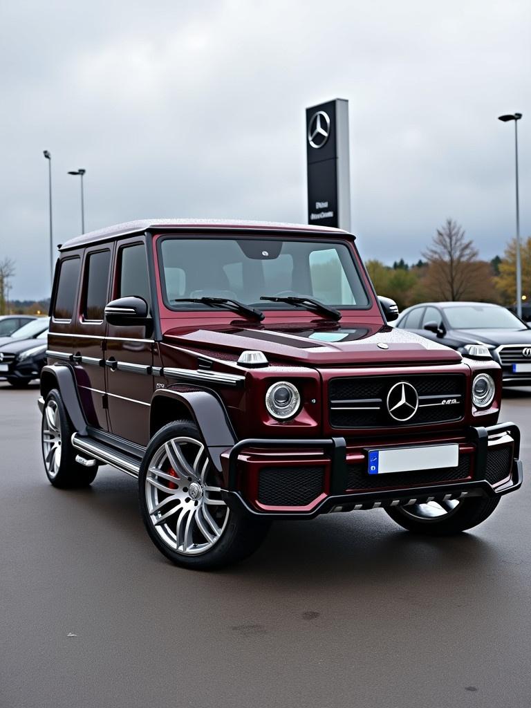 Image displays a dark bordeaux Mercedes G63 AMG. The SUV features black glossy trim and large silver wheels. Chrome accents are visible. The vehicle is parked at a Mercedes dealership. The scene is set on a cloudy late afternoon with other cars in the background.