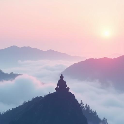 A monk meditating atop a fog-covered mountain at dawn with gentle pink clouds drifting below. The scene embodies a peaceful mood. The style is pastel painting with minimal lines and delicate shading. The energy is serene throughout the composition.