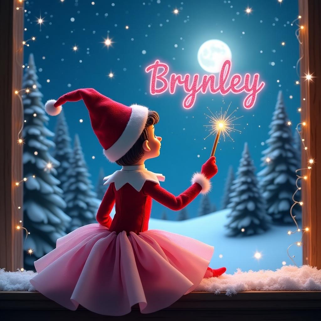 This enchanting image showcases an Elf on the Shelf, uniquely dressed in a pink poofy dress, perched on a window sill. The elf, with its back turned to the viewer, holds a magical wand that creates the name 'Brynley' in the air with sparkly pink glitter. The enchanting night sky behind features a bright moon and countless sparkling stars, enhancing the magical ambiance. The backdrop is a beautiful winter wonderland, with snow-covered ground and lush evergreen trees. Above the elf, the name 'Brynley' glows in a sparkling light, adding a festive touch to the scene. It's a perfect representation of holiday wonder and imagination.