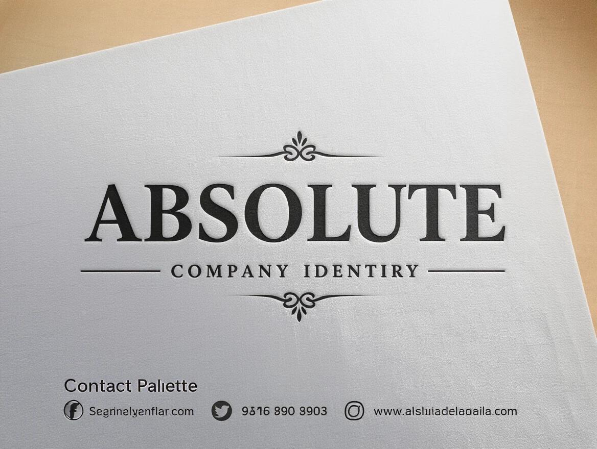 Design a minimalist logo for the company named absolute. The design conveys elegance and sophistication. Use a clean, modern sans-serif font for the word absolute. Maintain a neutral color scheme with black and white. Center the text for symmetry and add subtle spacing between letters. Include placeholders for contact information below the main text. The background is simple to focus on the text. Create a versatile design for various platforms.