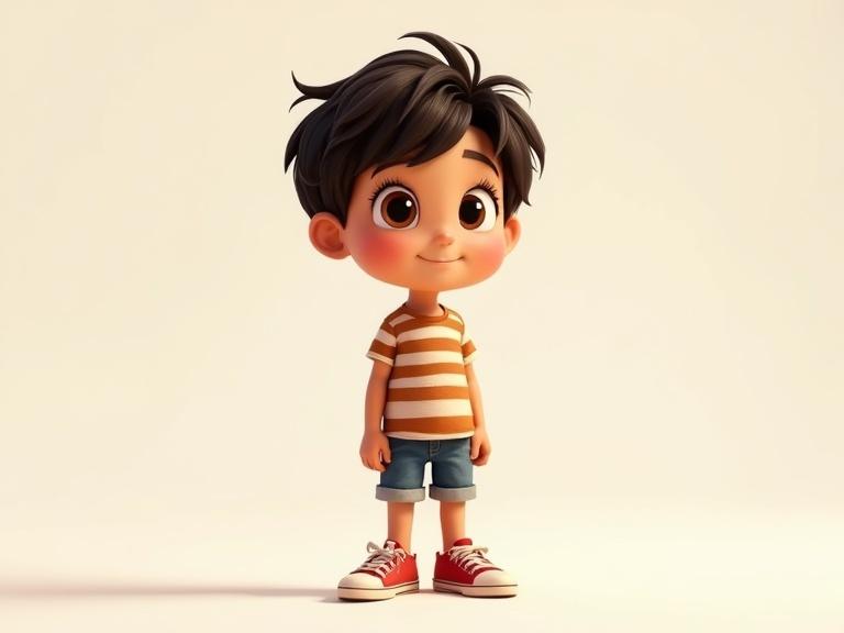 A young boy with a stocky build and light tan skin. Short tousled dark brown hair. Big hazel eyes with long lashes. Curious expression and slight smile. Wearing a striped short-sleeved shirt and denim shorts. Red sneakers. Playful and youthful appearance in a Pixar style.