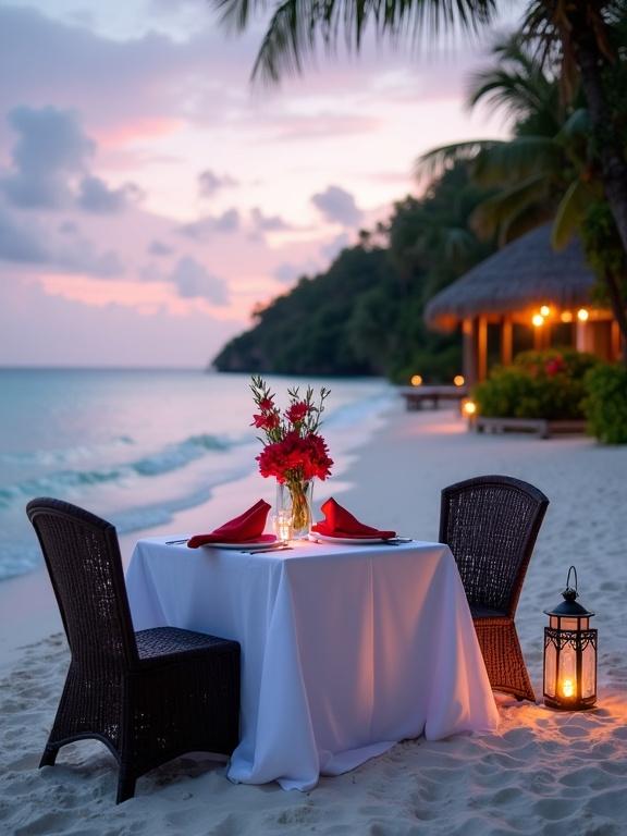 A romantic beach table for two set up on a white sandy beach at dusk. A square table with a white tablecloth has a vase of red flowers as a centerpiece. Two white plates and red napkins are present with silverware. Dark wicker chairs are arranged opposite each other. The background displays a beautiful beach, turquoise ocean, and a pastel-colored sky. A thatched-roof bungalow is nearby with warm light visible through its windows.