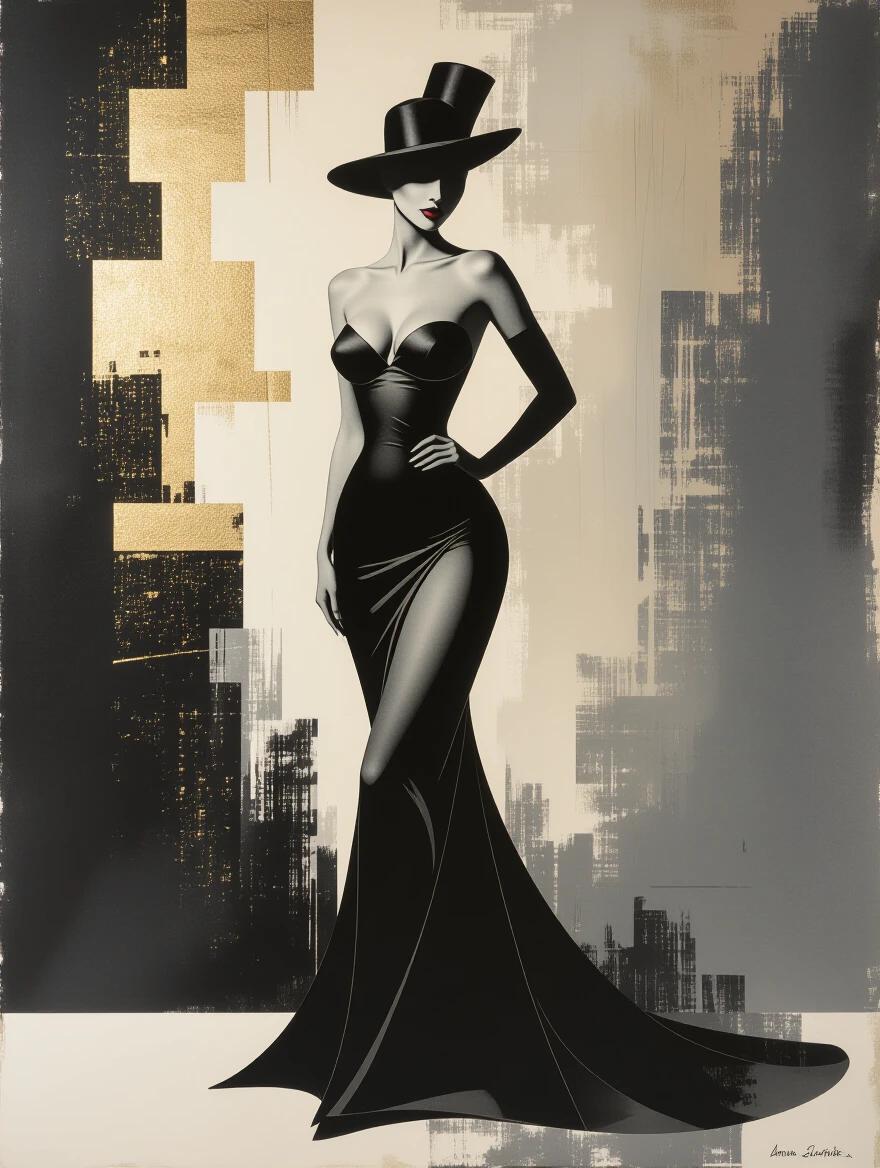 A minimalist artwork featuring a nude figure. The figure stands gracefully in a black dress. The art style is inspired by Matisse. There are hints of gold and distressed textures. The use of ink wash technique creates an ethereal feel. Images contain high contrast and shadows with a vintage touch.