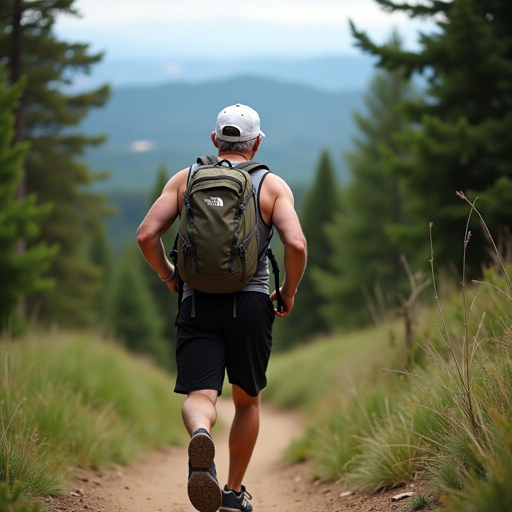 a man jogging on a forest trail with a frog on his back, wearing athletic gear