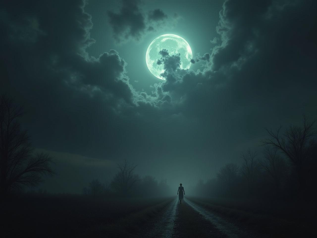 The image depicts an eerie landscape on a moonlit night. A large, luminous moon casts a ghostly light over a desolate dirt path. A solitary figure appears to walk towards the viewer, shrouded in mystery. Dark clouds swirl around the moon, enhancing the haunting atmosphere. Trees stand ominously along the path, creating a sense of isolation and foreboding. The overall mood is both captivating and unsettling, inviting viewers to ponder the narrative behind the scene.