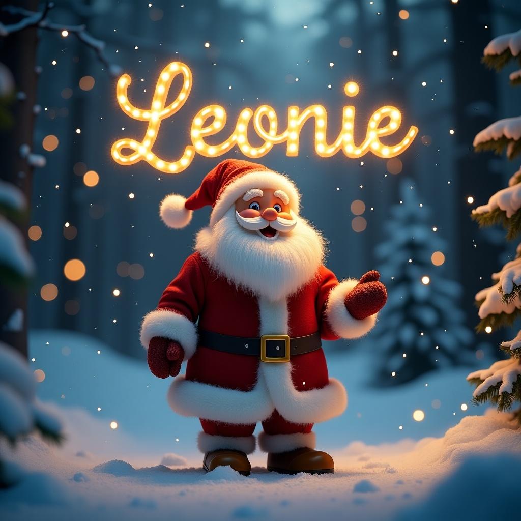 Magical Santa Claus figure stands in a snow-covered forest. The name Leonie glows in lights. Warm festive atmosphere surrounds Santa.