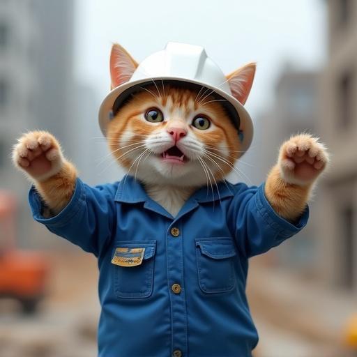 Realistic cat with worried expression wearing white safety helmet and blue work uniform, on construction site, arms wide open, in Genba Neko style.