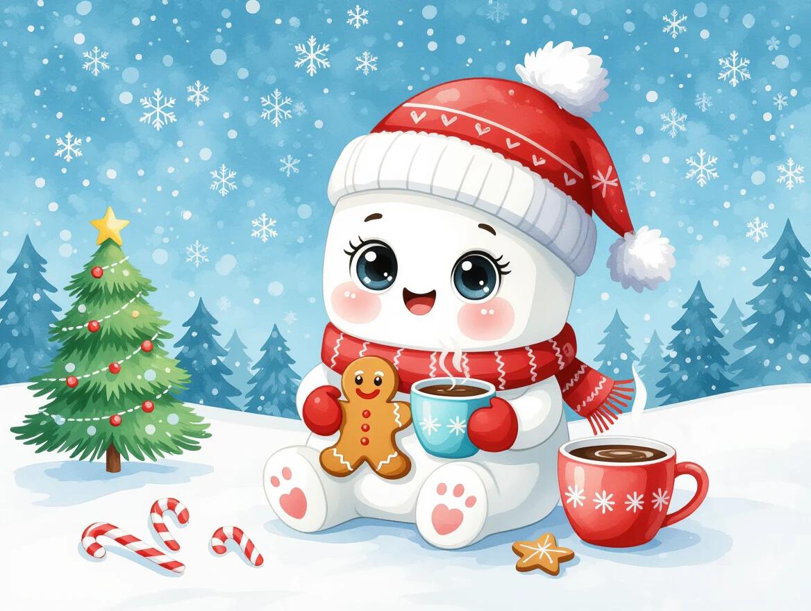Watercolor art featuring a cute marshmallow character with big black eyes. The character wears a red winter hat and holds a gingerbread cookie and a hot chocolate cup. Background includes a snow-covered landscape, a small pine tree, and candy canes. This scene is joyful and colorful displaying a funny and emotional character.