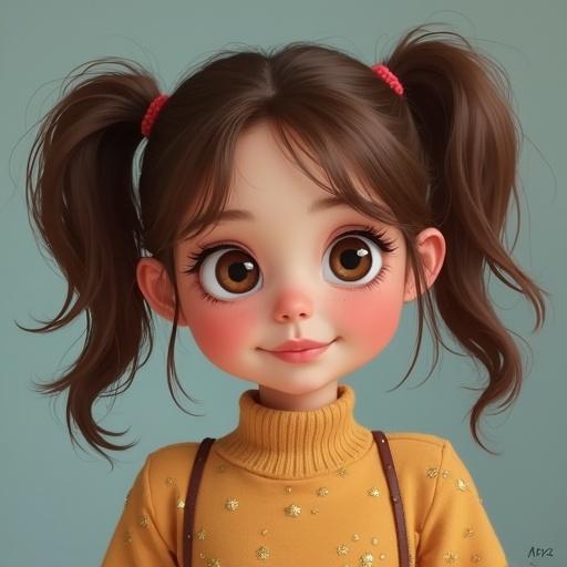 A cute, cartoonish girl with big eyes and brown hair in ponytails is smiling. She wears a yellow sweater and appears joyful.