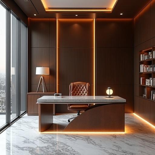 A modern office interior design featuring a luxury desk and leather chair. The office has hidden lights and a marble floor. The space is very detailed and sophisticated.