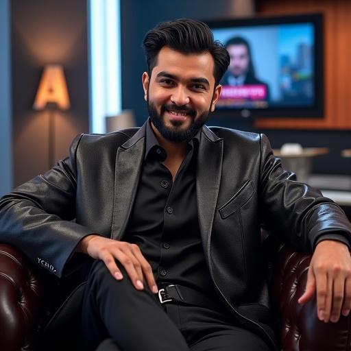 Avatar of a broadcaster in a luxurious chair wearing a leather suit. He has a beard and looks serious while holding a microphone. The background shows a radio studio with the YOHO logo and MOTAMAYZ profile elements. Soft lighting adds reflection.