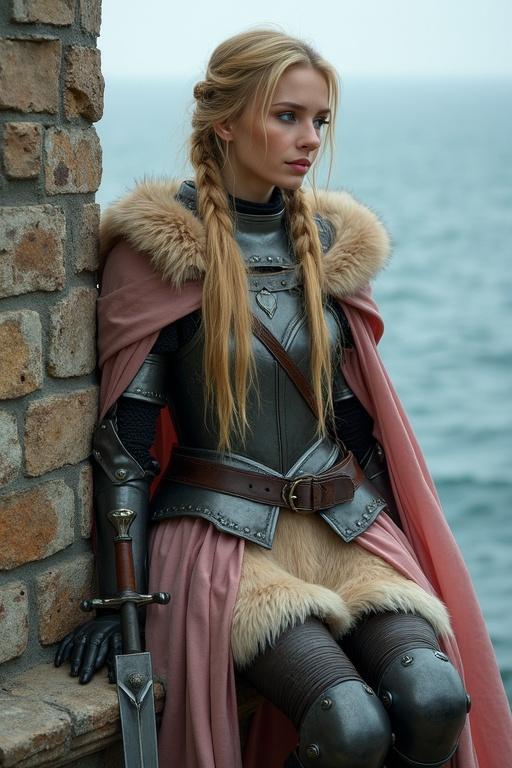 Attractive young woman with long blonde hair in two braids. Wearing medieval iron armor with a fur skirt and leather boots. Seated on medieval wall leaning against tower. Below her are a sword and shield. Gazing wistfully at the sea.
