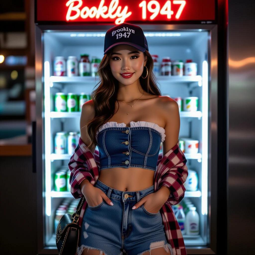 A young Asian woman stands confidently in front of a neon illuminated refrigerated drink display. She wears a denim tube top with buttons and ruffles. Ripped jeans complement her outfit. A checkered flannel shirt is tied around her waist. A cap with the Brooklyn 1947 logo adorns her head. A small handbag with studs is carried in one hand. Her pose is shy yet confident as she leans slightly forward. A gentle smile lights up her face with the glow from the drinks behind her. Budweiser and Corona logos are visible in the background. Image is framed from the front at eye level.