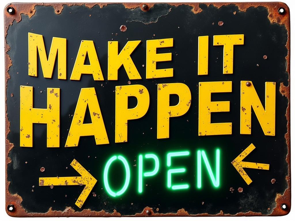 A vintage metal sign that says "MAKE IT HAPPEN" in bold yellow letters on a black background. The edges of the sign are rusted and worn, adding a distressed look. On the left and right sides of the sign, there are arrows pointing outward. The sign has a slightly glossy finish, reflecting some light. In the center of the sign, below the main phrase, the word "OPEN" is displayed in green color, subtly blending into the design.