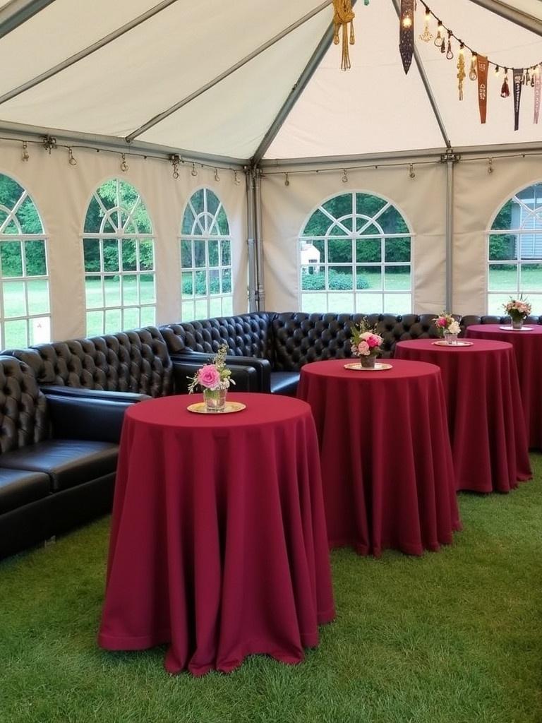 A spacious outdoor tent designed for VIP events. Includes four luxurious black leather sofas arranged strategically. Features eight highboy cocktail tables decorated with elegant red linens. Each table has a flower centerpiece, enhancing the overall ambiance of the setting. The tent setup reinforces a sophisticated outdoor atmosphere for gatherings.