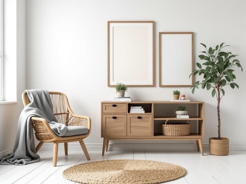 This image showcases a stylish and cozy interior setup. On the left, there is a comfortable woven chair draped with a soft grey and white throw blanket. In the center, a large round rug adds a warm touch to the white floor. A contemporary wooden console table is placed against the wall, featuring decorative elements such as a small plant, books, and woven baskets. Above the table, two identical empty picture frames are displayed, awaiting artwork. The decor incorporates natural materials, providing a serene and welcoming atmosphere.