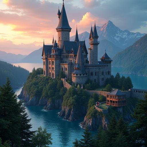Majestic Fantasy Castle on a hill surrounded by mountains. Sunrise over water with a cinematic style. Scenic wooden huts in the forest.
