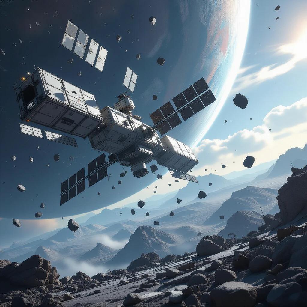 An abandoned space station orbits a distant planet. Debris floats among asteroids in the vastness of space. Image exhibits hyper-realistic depiction. Cinematic scenes are captured in high resolution 8K.