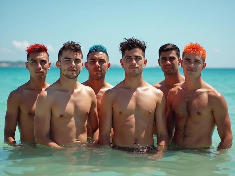 A group of young men stands in the ocean. They have colorful hair styles. The ocean water is clear and inviting. The sky is bright and sunny. All men are shirtless. They are smiling and enjoying the summer.