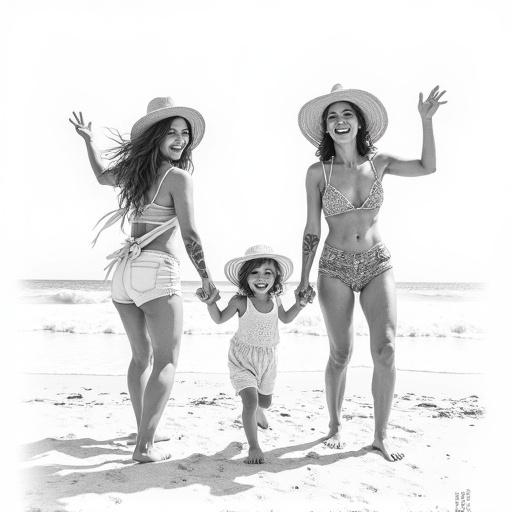 A summer moment by the sea. Three adults and a child stand on sand. Relaxed postures in beachwear reflect vacation vibes. Tattoos, hats, and playful body language hint at personalities. Pencil drawing style with detailed linework. Unique poses and joyful expressions feature prominently.