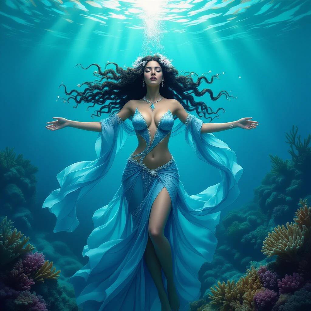 Depicts a goddess embodying the ocean. Figure floats gracefully with arms outstretched. Thick wavy hair flows with kelp and pearls. Ornate translucent gown in deep blue. Richly decorated with gold and coral patterns. Underwater scene with vibrant corals and marine life. Includes schools of fish and glowing jellyfish. Soft sunlight filters through water.