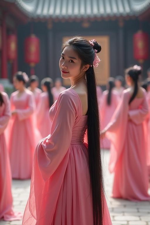 Attractive woman wears a pink silk hanfu. Long hair pulled back in two pigtails. Surrounded by women dressed similarly in a Chinese castle setting. The scene is filled with elegance and tradition.