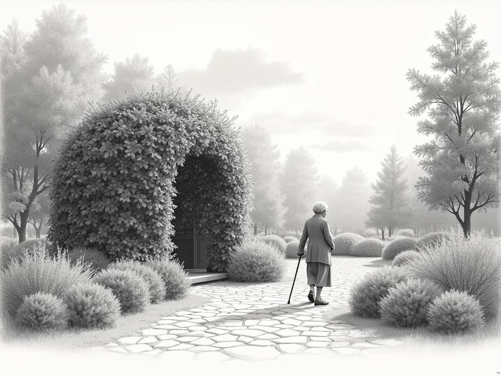 Create an image in a pencil drawing style. In the center, visualize a lush garden filled with greenery. There's an intricately woven bush that forms a dome shape, resembling a natural shelter. An elderly person is walking along a cobblestone path, using a cane for support. In the background, tall trees provide a serene atmosphere, while soft clouds drift across a light sky. The overall scene has a gentle, calming elegance, emphasizing the beauty of nature and tranquility.